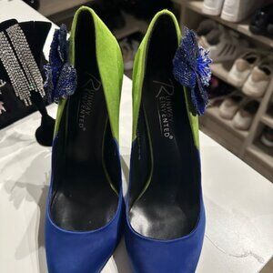 Green and Blue Stiletto Pumps in Silk Satin